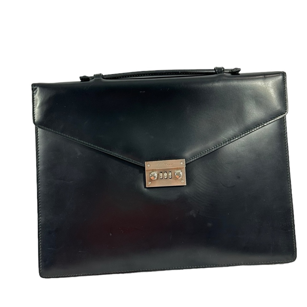 Vintage SALVATORE FERRAGAMO black leather briefcase single gusset brief business